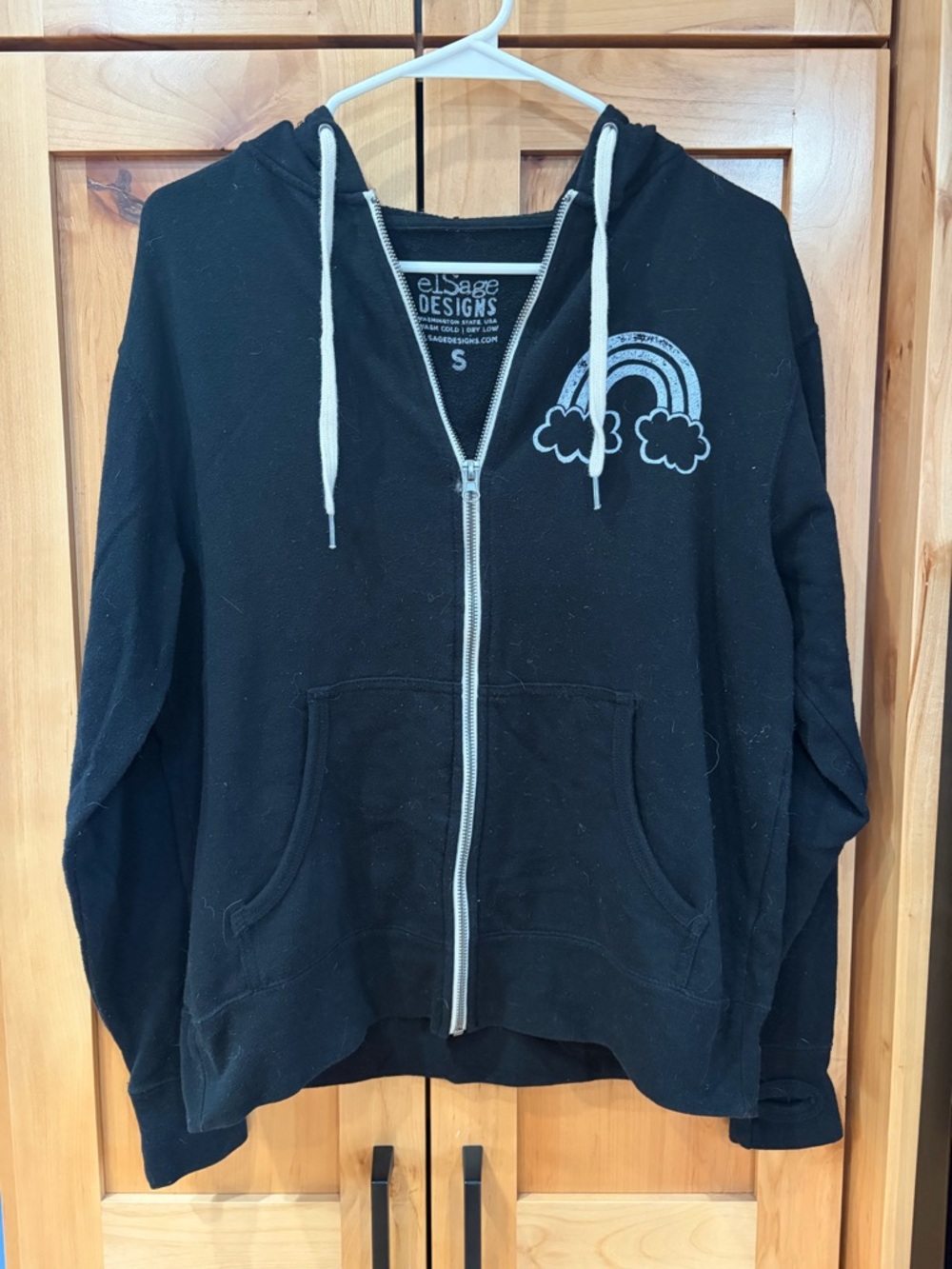 El Sage Designs Black Zip Hoodie with White Drawstrings & Rainbow Patch small S